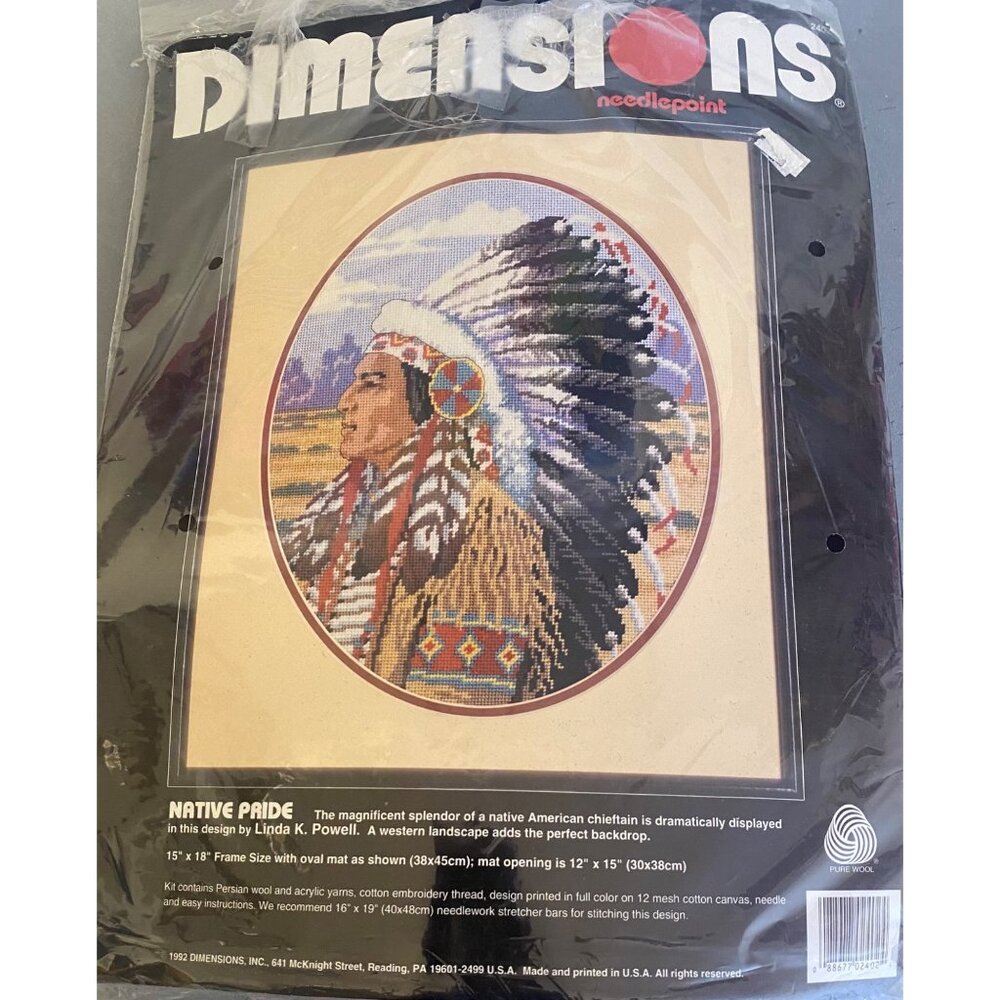 Vintage 1992 Dimensions " NATIVE PRIDE" Chief American Indian Needlepoint Kit